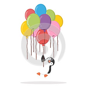 Penguin holding Group of balloons Colorful  flat style