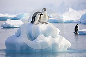 Penguin on ice floe Antarctic, penguin float on the ice floe in the Southern Ocean in Antarctica. Ai generated