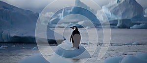 Penguin on ice floe, Antarctic Peninsula, Antarctica.