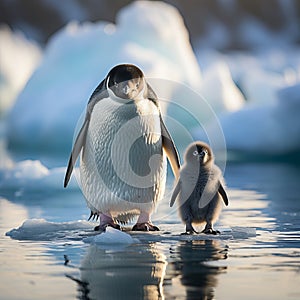 Penguin on an ice floe in the water. Large flightless bird in cold climates. Floating birds. copyspace.