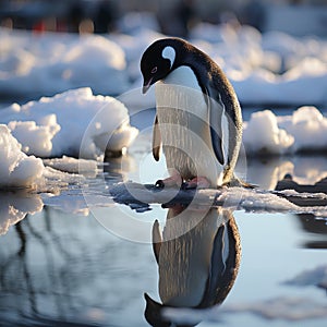 Penguin on an ice floe in the water. Large flightless bird in cold climates. Floating birds. copyspace.