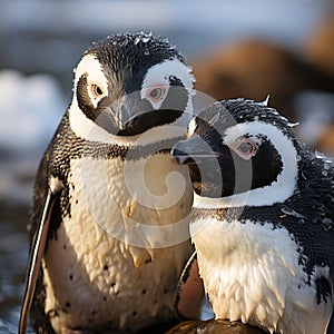 Penguin on an ice floe in the water. Large flightless bird in cold climates. Floating birds. copyspace.