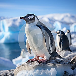 Penguin on an ice floe in the water. Large flightless bird in cold climates. Floating birds. copyspace.