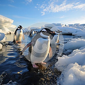 Penguin on an ice floe in the water. Large flightless bird in cold climates. Floating birds. copyspace.
