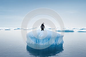 Penguin on a iceberg in the ocean. 3d rendering, A lone penguin on a melting ice floe representing climate change and global