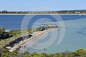 Penguin island beach and wooden jetty in Rockingham