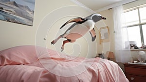 Penguin Jumping On Bed: Candid Photojournalism With Hyperrealistic Accuracy