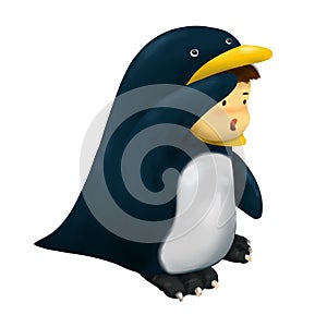 Penguin kid, boy in penguin costume looking afar