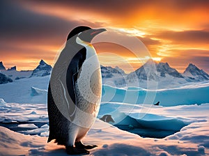 Penguin medium shot Antarctica sunset mango style