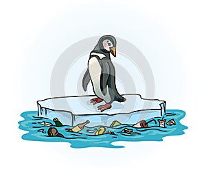 Penguin, melting ice and polluted sea