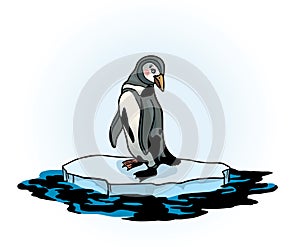 Penguin, melting ice and polluted sea