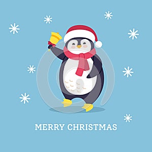 Penguin Merry christmas winter card flat vector