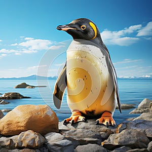 Penguin on a minimal background. Large flightless bird in cold climates. Floating birds. copyspace.