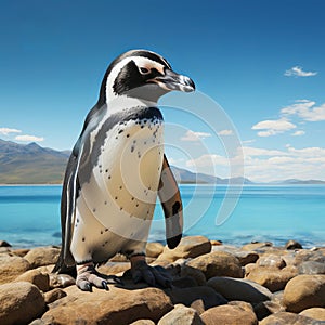 Penguin on a minimal background. Large flightless bird in cold climates. Floating birds. copyspace.