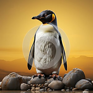 Penguin on a minimal background. Large flightless bird in cold climates. Floating birds. copyspace.