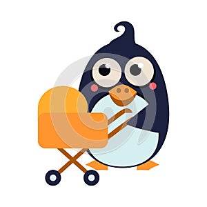 Penguin Mom and Baby in Stroller. Vector Illustration