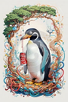 Penguin in the nest with a red pepsi can, 3d render photo