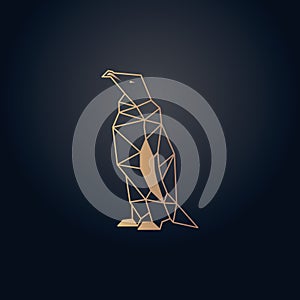 Penguin origami design. Gold effect vector with dark background