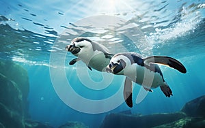 Penguin Pair Gliding Ocean Waters. Generative AI