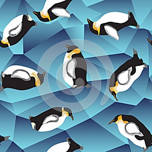 Penguin pattern, blue crystal ice background