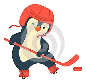 Penguin play ice hockey in the winter. Kids hockey. Childrens sports concept