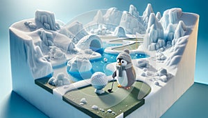 Penguin playing golf on a miniature iceberg landscape