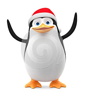 Penguin in a red cap greeting on white background. 3d render illustration. New Year
