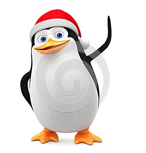 Penguin in a red cap indicates a blank space on a white background. 3d render illustration. New Year