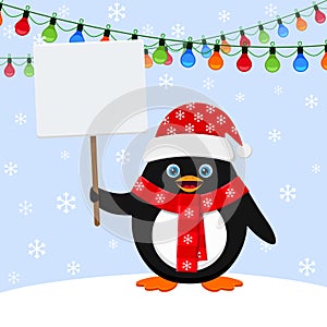 Penguin in red hat with blank banner