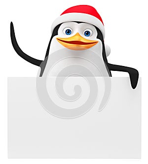Penguin in a red hat with a blank board on a white background. 3d render illustration. New Year