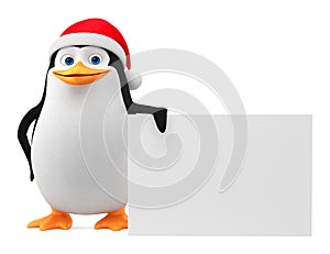 Penguin in a red hat with a blank board on a white background. 3D rendering illustration. New Year