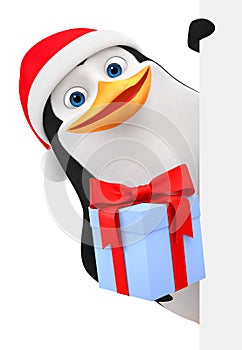 Penguin in a red hat gives a gift. 3d rendering. Christmas illustration