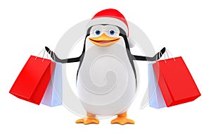 Penguin in a red hat with purchases on a white background. 3d rendering. Christmas illustration