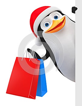 Penguin in a red hat and shopping on a white background. 3D rendering illustration. New Year