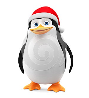 Penguin in a red hat on a white background. 3d render illustration. New Year