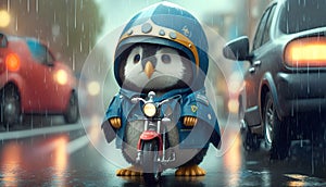 Penguin riding a motorcycle on a rainy day. 3D rendering.