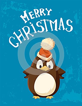 Penguin in Santa Hat with Big Bubo, Christmas Card