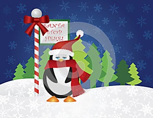 Penguin at Santa Stop Here Sign