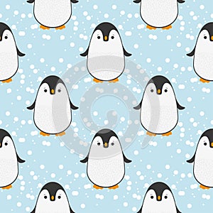 Penguin seamless pattern background. Cute Christmas cartoon doodle vector illustration with snow