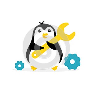 Penguin service-center. Repair of refrigerators and freezers. Mascot cartoon vector illustration.