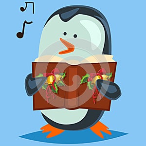 Penguin singing Christmas caroling. Vector illustration of animal