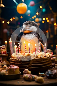Penguin sitting in front of cake with lit candles. Generative AI