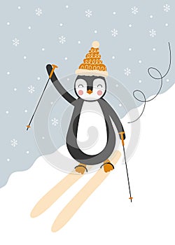 Penguin skiing down a mountain with snow in an icy winter landscape on a blue background. Illustration, vector file.