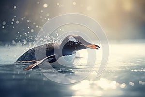 Penguin sliding Antarctic cold water. Generate ai