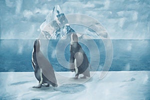 Penguin in the snow and ice, storm with iceberg, drawn effect