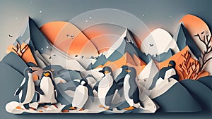 penguin at the snow panorama, paper art style, generative AI