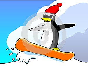 Penguin on snowboard