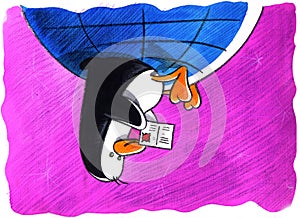 Penguin on the south pole reads a postcard photo