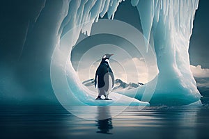 A penguin standing alone on an iceberg, with a bleak, snowy landscape, generative ai illustration