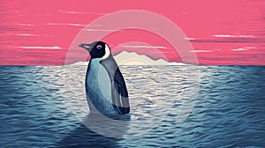 Vintage Poster Style Penguin Illustration In Pink Sky photo